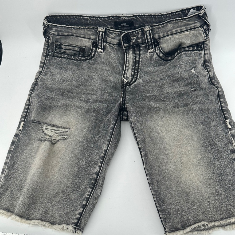 True Religion Ricky Relaxed Straight Distressed Denim Shorts Faded Black Mens 32